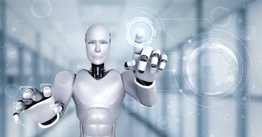 Sanal ekrana dokunan yapay zeka robotu küresel iletişim kavramını gösteriyor