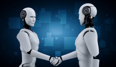 Gelecekteki teknolojiyle işbirliği yapmak için insansı robot tokalaşması