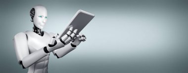 Gelecekteki ofiste tablet bilgisayar kullanan robot insanımsı