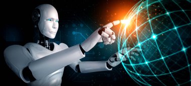 Sanal ekrana dokunan yapay zeka robotu küresel iletişim kavramını gösteriyor