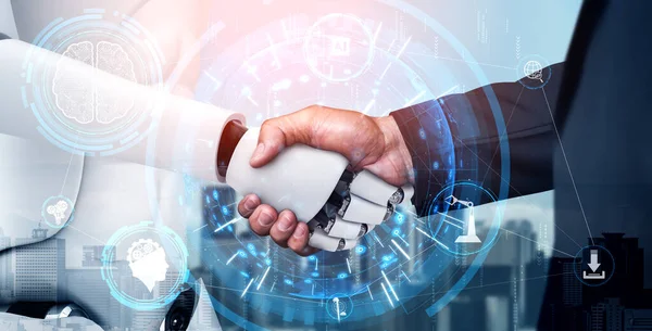 Handshake robô humanoide de renderização 3D para colaborar com a tecnologia futura — Fotografia de Stock