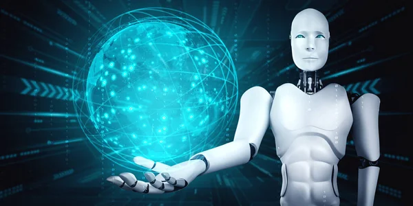 AI robô humanóide segurando tela holográfica mostra conceito de comunicação global — Fotografia de Stock