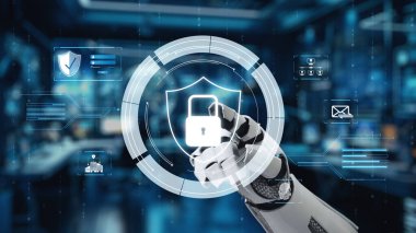 Bir robot el sanal bir siber güvenlik arayüzüne bağlanıyor, asma kilit sembolünü vurguluyor, teknoloji ve veri koruma stratejilerindeki gelişmeleri yansıtıyor. Auvana