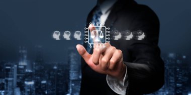 Bu görüntü, etik ve dijital yönetime uymanın önemini vurgulayarak, yapay zeka ve yasal çerçeveler arasındaki profesyonel etkileşimi yakalar. XDMCP