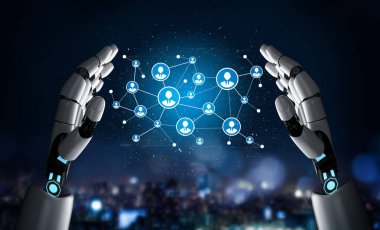 This image showcases robotic hands forming a digital network, symbolizing human connectivity in a futuristic, urban setting under a night sky. Tessel