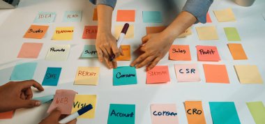 Ofisteki ortak beyin fırtınası sırasında renkli notlara yazı yazan eller. Sahne aktif takım çalışması ve iş planlaması için fikir üretimini yansıtıyor. SACTR