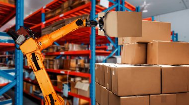 Yenilikçi depo ve fabrika dijital teknolojisi için akıllı robot kol sistemi. İnternet ağına bağlı IOT yazılımı kullanarak endüstri mühendisliği tarafından kontrol edilen otomasyon üretim robotu .