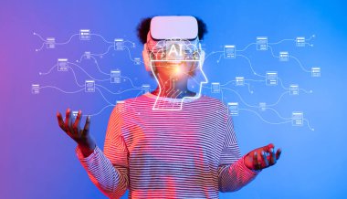 Explore the intersection of generative artificial intelligence and cloud data management in this striking image featuring a person in a VR headset amidst data visualizations. XDMCP