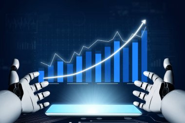 This futuristic image features a robot interface showcasing data trends and growth analytics, emphasizing technology and innovation in data visualization and analysis. Impute