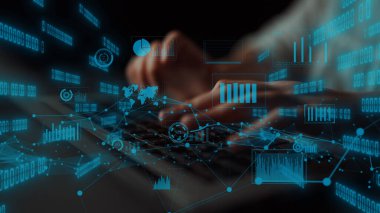 An abstract representation of a digital interface showcasing data analysis and statistics over hands typing on a keyboard, set in a dark environment. Xenic