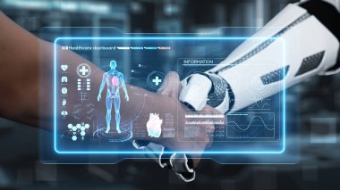 Robot elini kapat ve insan anatomisi hologramıyla el sıkış. Yapay zeka ve insanın birlikte çalışması ya da bulanık laboratuarlı x ışını hologramıyla anlaşma yapması. Sağlıklı..
