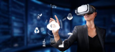 A professional using virtual reality technology to visualize and tackle emission challenges. This image embodies innovative solutions to climate change and promotes sustainability. XDMCP