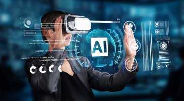 A woman interacts with a virtual reality headset, exploring generative AI in a modern digital environment filled with advanced graphics and interactive elements. XDMCP
