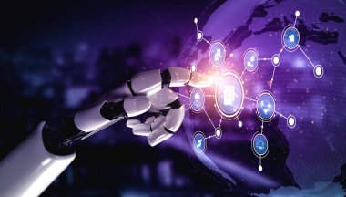 A futuristic robotic hand interacts with a digital globe, highlighting interconnected icons that symbolize the advancement of technology and data in a cyber landscape. Tessel