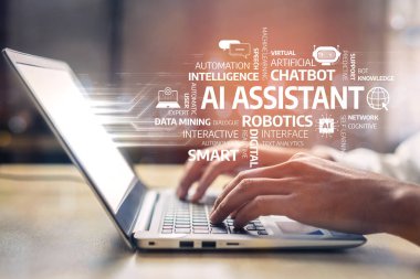 A person types on a laptop, surrounded by keywords related to AI assistance and automation. The image emphasizes innovation in technology and enhances productivity in modern work settings. Tessel