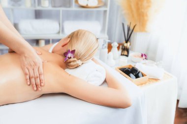 Kafkasyalı kadın müşteri stres önleyici spa masajının keyfini çıkarıyor ve lüks otel ya da oteldeki gündüz açık ortam güzellik salonunda güzellik teniyle eğleniyor. Sessiz.