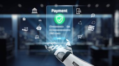 A futuristic robotic hand interacts with a virtual payment interface displaying secure transaction symbols, set in a modern financial environment. Auvana