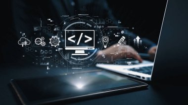 Kodlama sembolleri, web geliştirme süreci, web geliştirme arayüzü ve web geliştirme araçlarını içeren modern web geliştirme kavramı. Elide