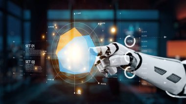 A robotic hand engages with a vibrant 3D data visualization, showcasing interactive graphs and analytics in a modern technological environment, emphasizing innovation. Auvana