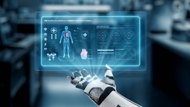 İnsan anatomisi hologramının yüzdüğü bir avuç içi açık robot eli kapat. Robot el, tanı koymak için veriye erişip bağlantı kurarken x ışını hologramını sunuyor. Sağlıklı..