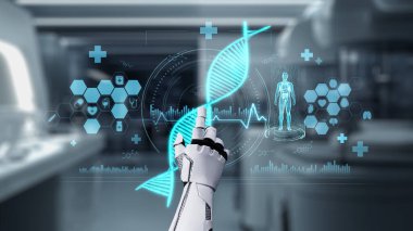 Tıbbi verilere ya da teşhis semptomlarına erişmek için robot ellerle DNA hologramına tıklayın. Yapay zeka semptomları analiz ederken genetik simülasyonda robot el kontrolü. Sağlıklı..