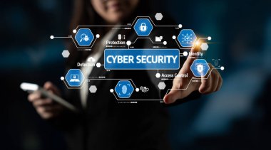 A professional businesswoman interacts with a digital cyber security interface showcasing various icons related to protection, detection, and identity management in a modern workspace. Tessel