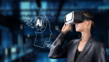 A business professional creatively engages with virtual reality technology showcasing artificial intelligence graphics in a modern office. Future innovation in focus. XDMCP