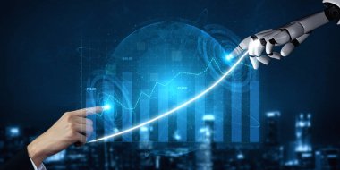 A captivating scene depicting the interaction between a human hand and a robotic arm, symbolizing the fusion of technology and business growth through data visualization and analysis. Impute