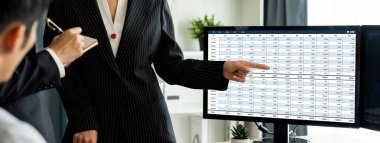 Bilgisayar ekranındaki muhasebe yazılımı finansal hesap tablolarını ve şirket işletmelerinin hesap bakiyesini gösteriyor. Muhasebeciye iyi bir hesap açığı sunuyor.