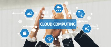 Hands symbolize collaboration in cloud computing alongside digital icons representing data storage, backup solutions, and privacy concepts, showcasing modern technology integration. Amity