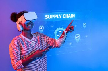 A young woman wearing a virtual reality headset engages with digital graphics that illustrate supply chain management, enhancing logistics and operational efficiency. XDMCP