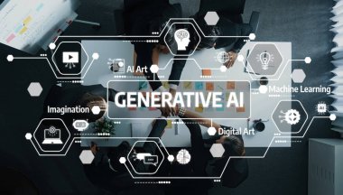 Diverse Team Collaborating on Generative AI Concepts at Modern Workspace Table with Digital Art and Machine Learning Elements Displayed. Amity