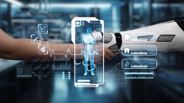 Robot elini kapat ve insan anatomisi hologramıyla el sıkış. Yapay zeka ve insanın birlikte çalışması ya da bulanık laboratuarlı x ışını hologramıyla anlaşma yapması. Sağlıklı..