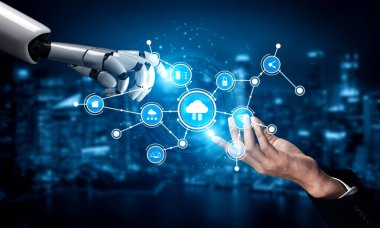 A dynamic representation of human-robot interaction showcasing a human hand and robotic arm collaborating with digital cloud icons, symbolizing advanced technology. Tessel