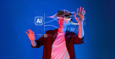 A person in virtual reality goggles engages with holographic representations of artificial intelligence concepts, showcasing the intersection of technology and creativity. XDMCP