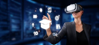 A woman engages with a virtual reality environment, showcasing interactive learning elements that enhance online education experiences and foster digital engagement. XDMCP