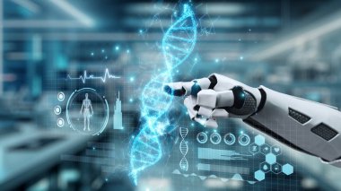 Bulanık laboratuvar arka planına sahip DNA hologramına robotik el gösterimi ve dokunuşlarını kapat. Tıbbi verilere erişmek ve onları teşhis semptomlarına bağlamak için robot el DNA ikonuna tıklıyor. Sağlıklı..