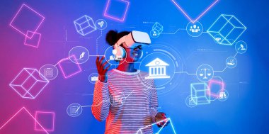 A woman in a virtual reality headset explores a digital space filled with icons representing banking, law, and technology, showcasing the future of financial services. XDMCP
