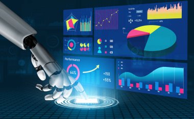 A robotic hand interacts with vivid data visualizations displayed on digital screens, illustrating advanced analytics and technology in a modern setting. Impute