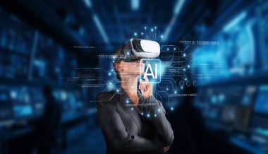 A businesswoman wearing a virtual reality headset explores the concepts of artificial intelligence and generative technology in a futuristic environment. XDMCP