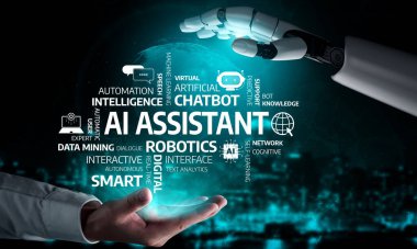 This image depicts a futuristic AI assistant concept, showcasing the interaction between humans and robotic technology. The visual emphasizes automation and intelligence. Tessel