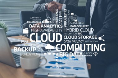 Business professionals engage in a handshake in an office, framed by cloud computing concepts. The image illustrates themes of data analytics, security, and innovation. Tessel