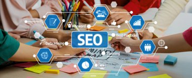 A vibrant scene showcasing a diverse team collaborating on an SEO strategy, utilizing colorful notes and charts in a creative workspace for effective planning and innovation. Amity