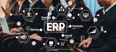 A diverse group of professionals engaged in digital collaboration, showcasing concepts of business planning and enterprise resource management in a modern office environment. Amity