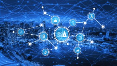 A vibrant blue digital network illustration showcases various financial icons representing tax and investment concepts against a cityscape backdrop, symbolizing economic growth. Tessel