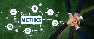 A visual representation of professionals collaborating on AI ethics, focusing on critical aspects like legality, safety, deployment, and privacy against a vibrant green backdrop. Amity