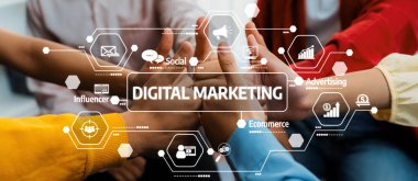 A dynamic scene showcasing teamwork in digital marketing, with diverse hands uniting around innovative icons symbolizing various marketing concepts and strategies. Amity