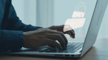 Human Hands Typing on Laptop with Digital Graphics and Data Visualization, Concept of Technology, Communication, and Online Interaction in a Modern Workspace. Qubit.