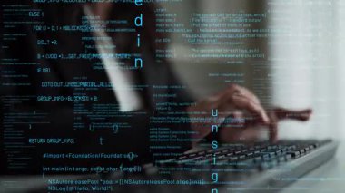 A business professional focuses on typing code on a computer keyboard, surrounded by floating programming symbols in a high-tech office environment, representing innovation and technology. Xenic