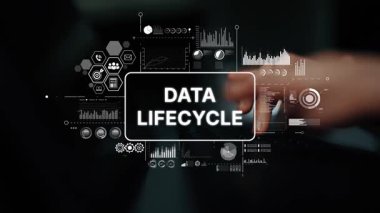 Data Lifecycle Concept with Graphs, Icons, and Digital Visuals Representing Data Management Strategy. Asymptotic smart data analytic.